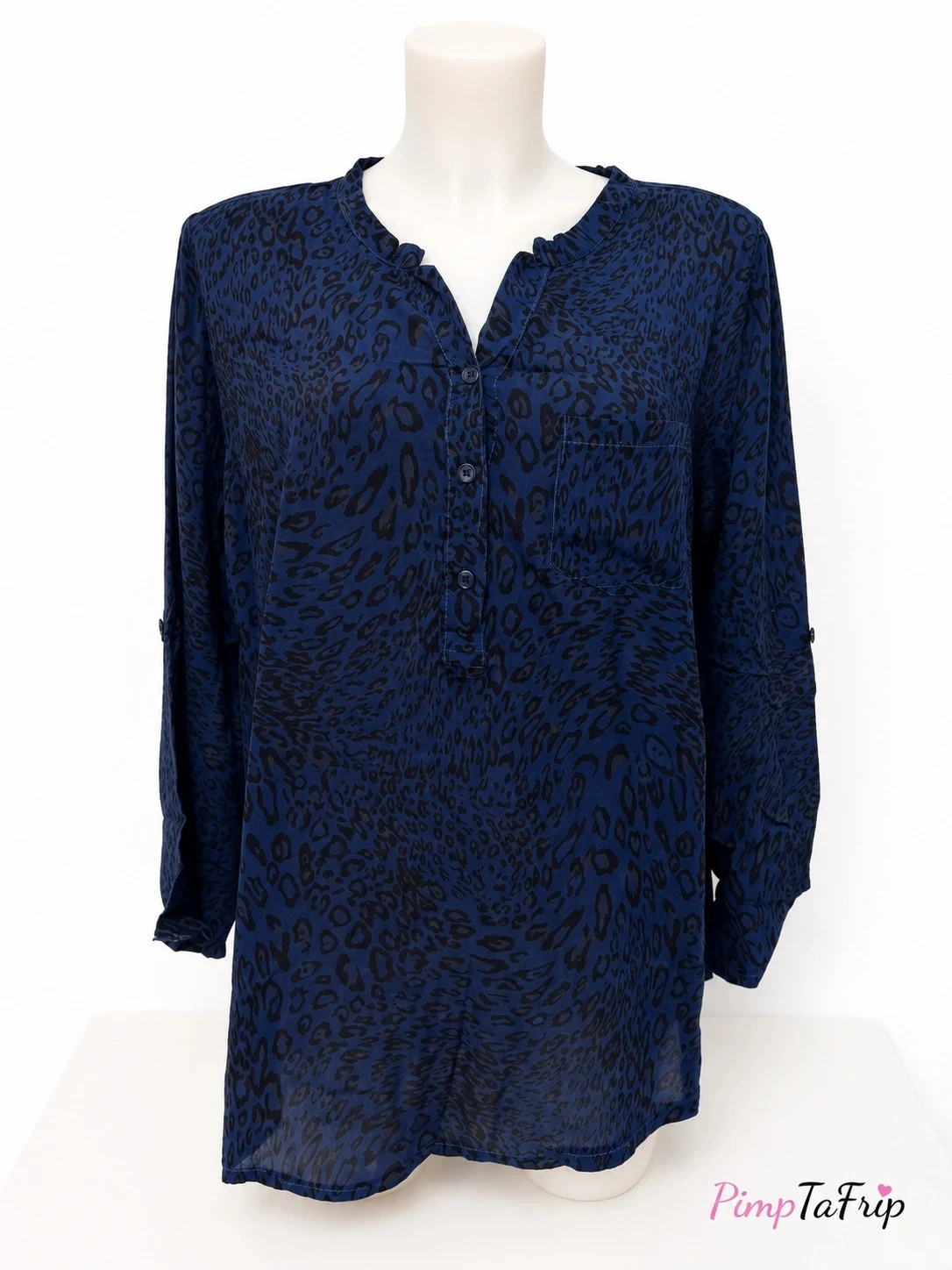 Blouse imprimé léopard bleu marine femme – Manches retroussables – Très bon état